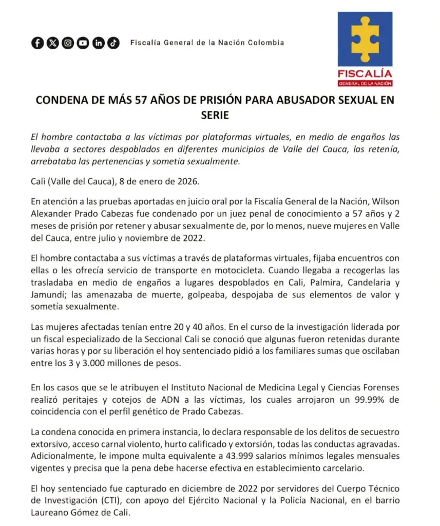 Condenan a más de 57 años a abusador sexual en serie en el Valle del Cauca