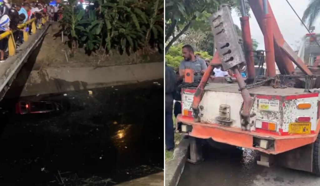 Vehículo termina en un canal de aguas residuales en Cali.