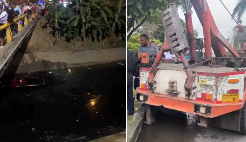 Vehículo termina en un canal de aguas residuales en Cali.