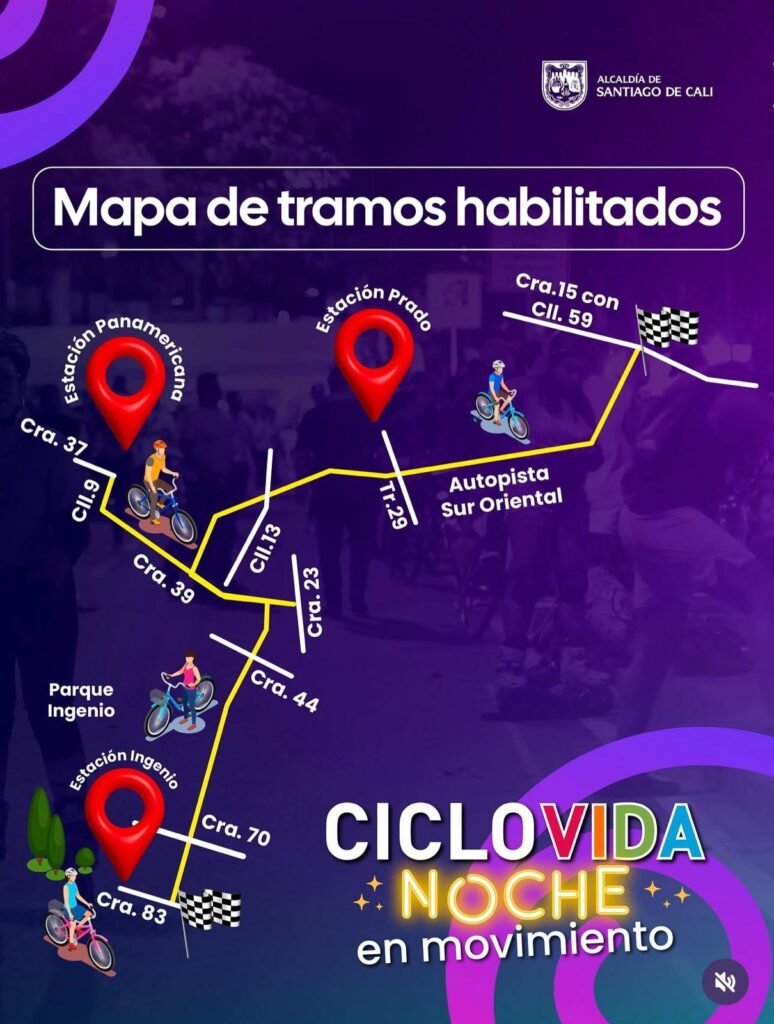 Este es el mapa de los tramos habilitados en la 'Ciclovida Noche'. Foto: Alcaldía de Cali