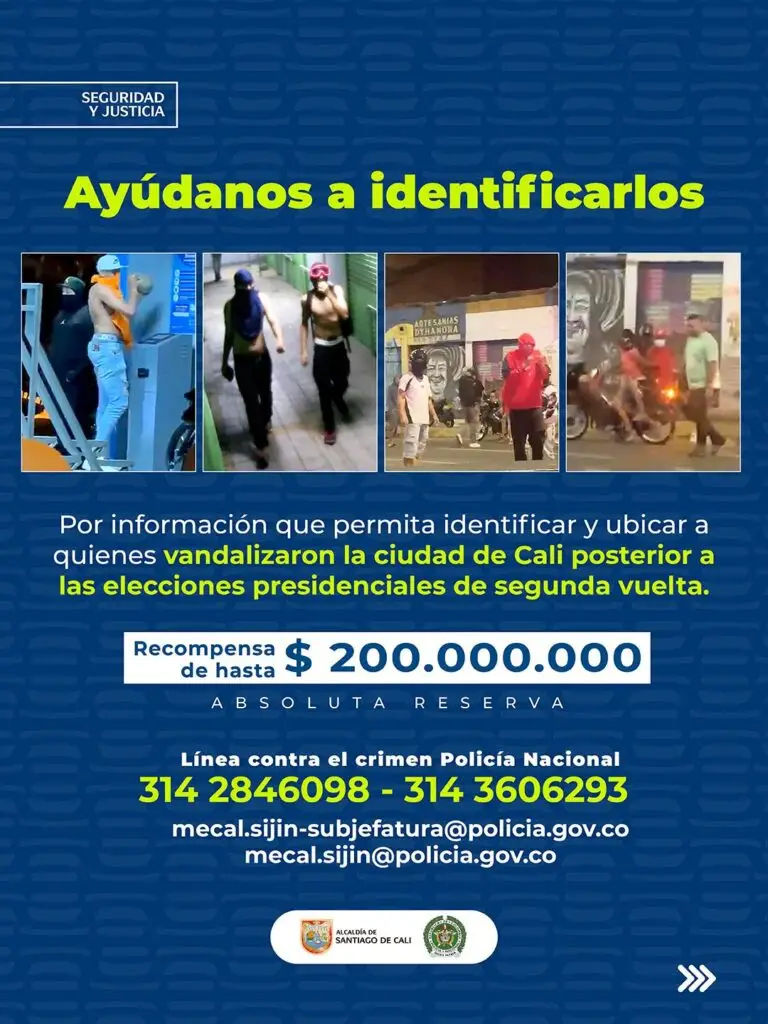 Cartel de los buscados por desmanes en Cali. Foto: Alcaldía