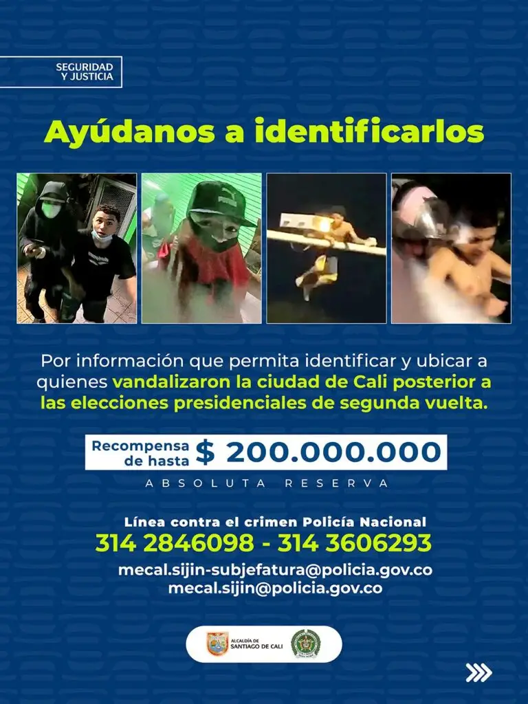 Cartel de los buscados por desmanes en Cali. Foto: Alcaldía