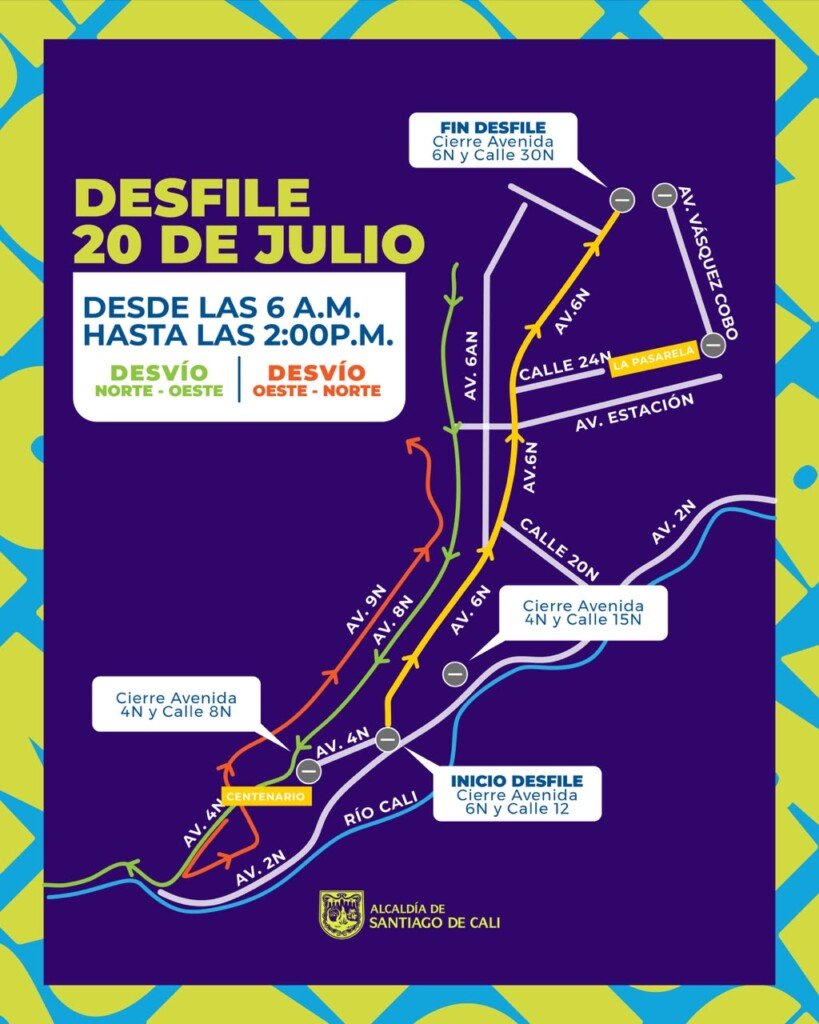 Este es el corrido del desfile militar en Cali. Foto: Movilidad Cali