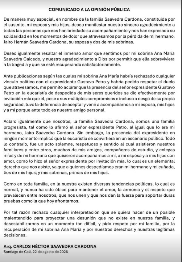 Comunicado oficial del tío de trillizas, Carlos Saavedra. Foto: IG @gustavopetrourrego