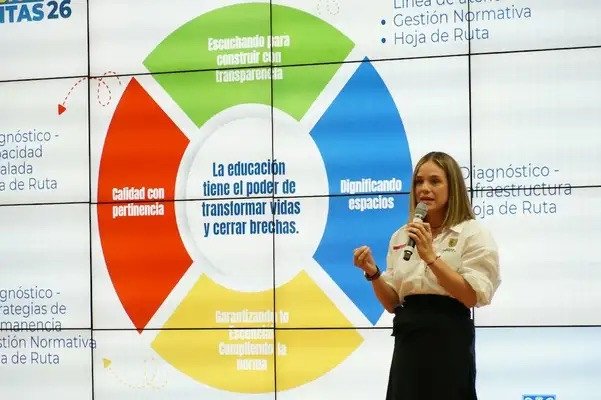 Presentación de la rendición de cuentas de Educación en Cali con un esquema de ejes de trabajo en la pantalla